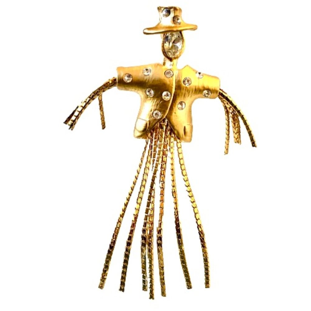 Scarecrow Brooch Rhinestones Dangling Chain Legs & Arms Halloween Gardening